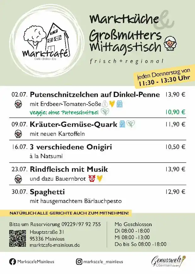 Speisekarte Mittagstisch Marktcafe' Mainleus Juli 2026 Speisekarte Mittagstisch Marktcafe' Mainleus Juli 2026