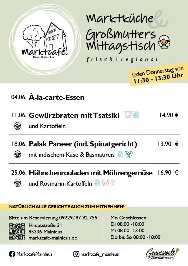 Mittagstischkarte Marktcafe' Mainleus fuer Juni 2026