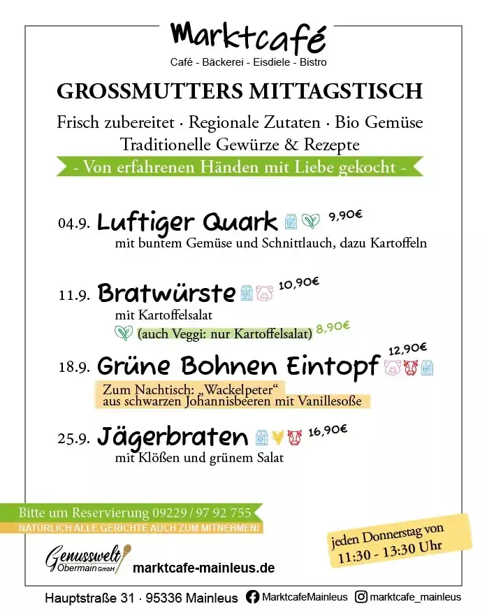 Mittagstisch Karte September 2025 Marktcafe Mainleus