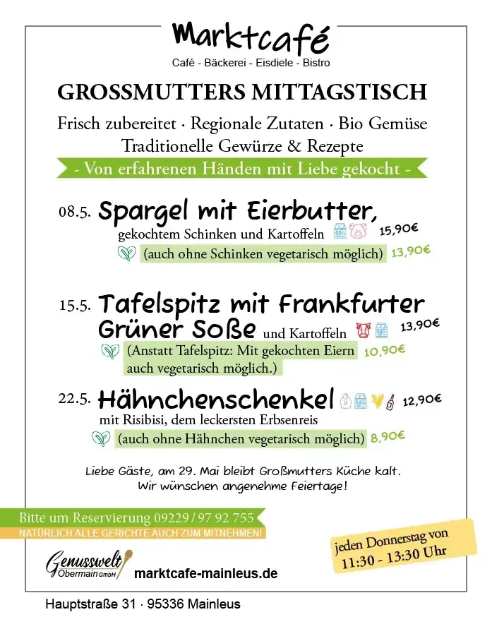 Mittagstisch im Marktcafé 08.05.2025 bis 22.05.2025