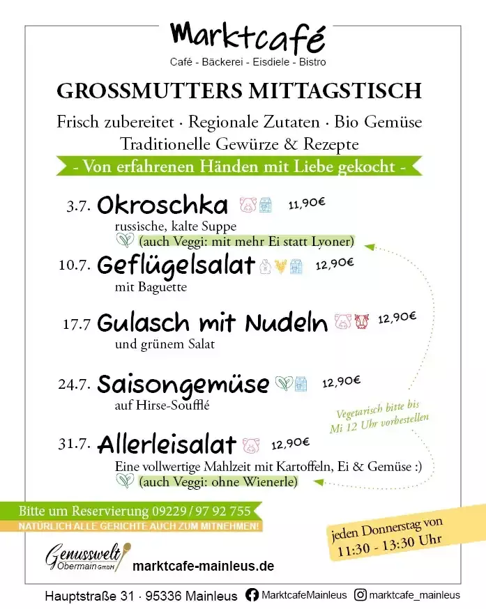 Großmutters Mittagstisch Juli 2025 - Marktcafe Mainleus