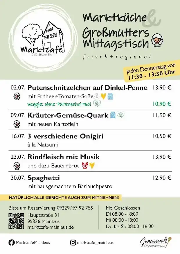 Grossmutters Mittagstisch für Juli 2026 im Marktcafe' Mainleus