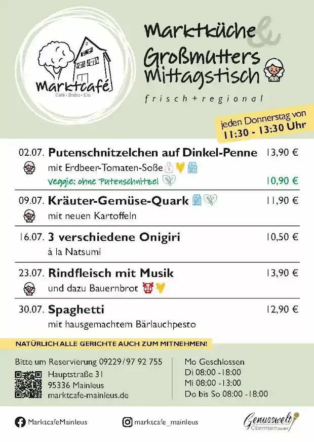 Mittagskarte für Juli 2026 im Marktcafe Mainleus