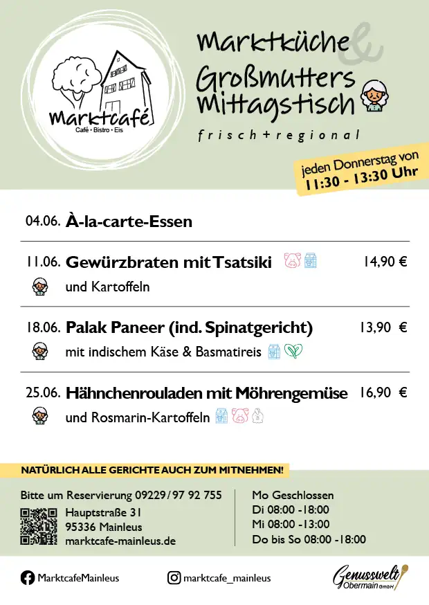 Mittagstischkarte Marktcafe' Mainleus fuer Juni 2026