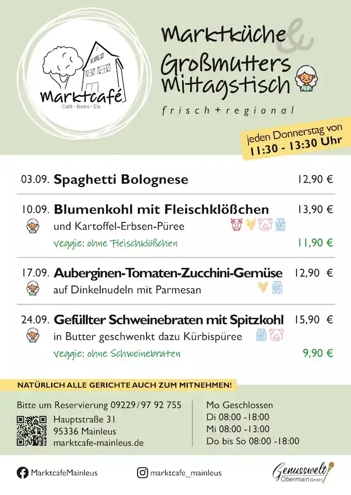 Mittagskarte Marktcafe' Mainleus für September 2026