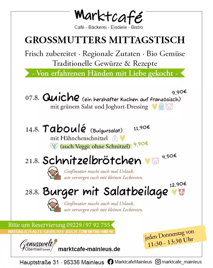 Grossmutters Mittagstisch August 2025 im Marktcafe Meinleus Grossmutters Mittagstisch August 2025 im Marktcafe Meinleus