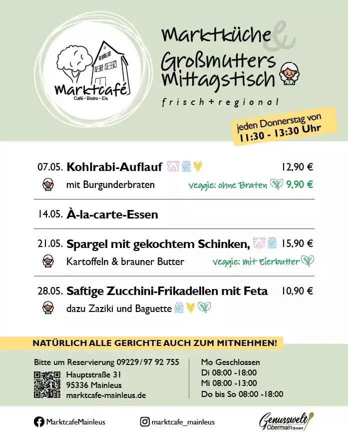 Speiseplan Mai 2026 Marktcafé Mainleus Großmutters Mittagstisch.