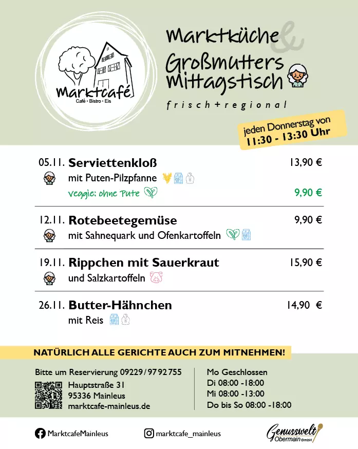 November-Mittagskarte Marktcafe' Mainleus für Oktober 2026