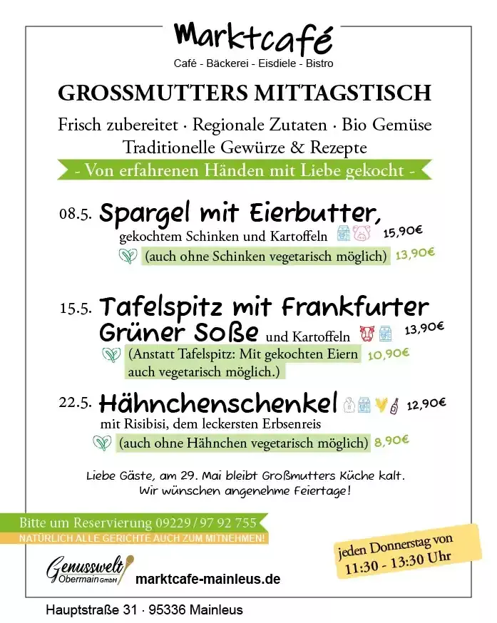 Großmutters Mittagstisch Marktcafe Mainleus für Mai 2025