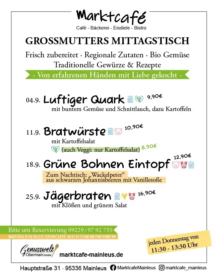 MIttagstisch Karte September 2025 Marktcafe Mainleus