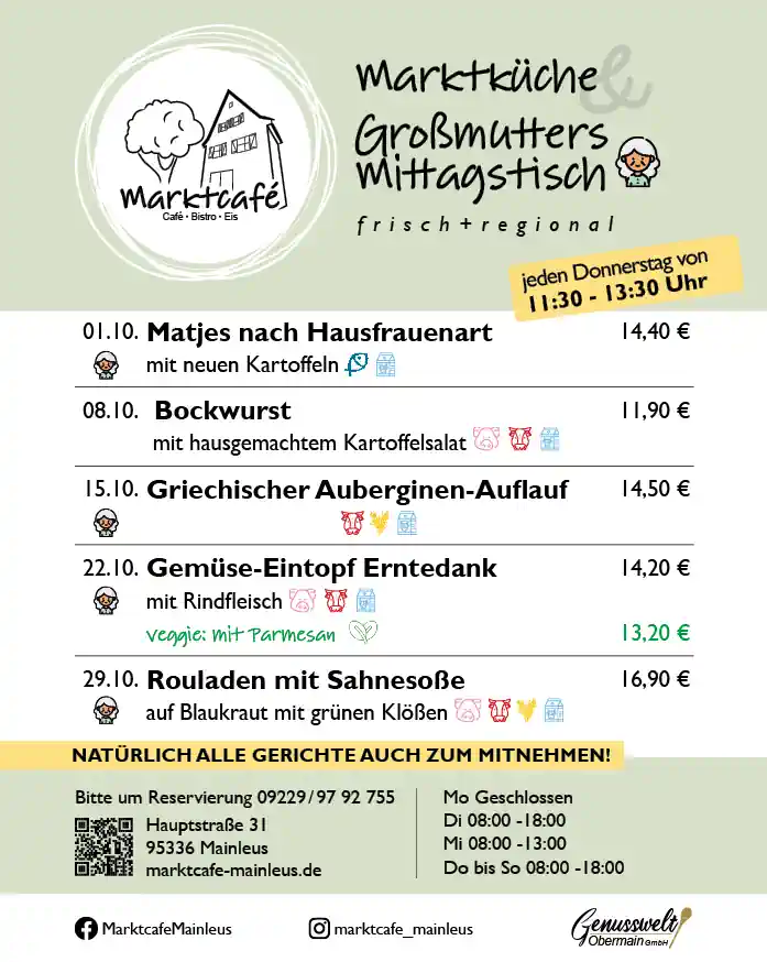 Mittagstisch für Oktober 2026 im Marktcafé Mainleus